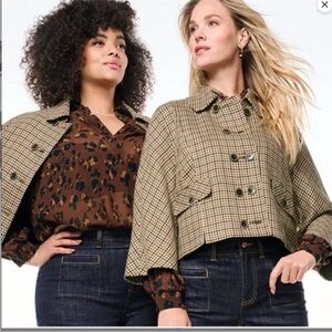 CAbi Showroom Jacket Houndstooth Cropped Bell Sleeve Leopard Lining Size M b7